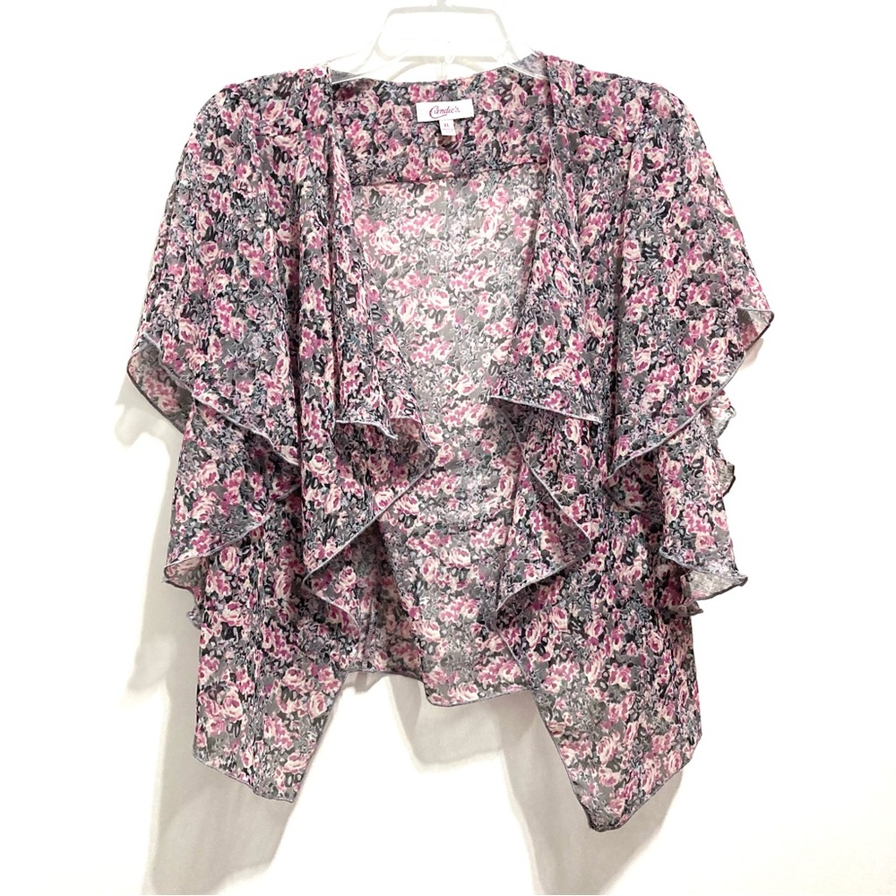 Candie’s Open Front Floral Print Sheer Shrug